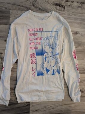 Atsuko White Long-Sleeve Graphic Tee with Pink & Blue Anime Print God In Heaven